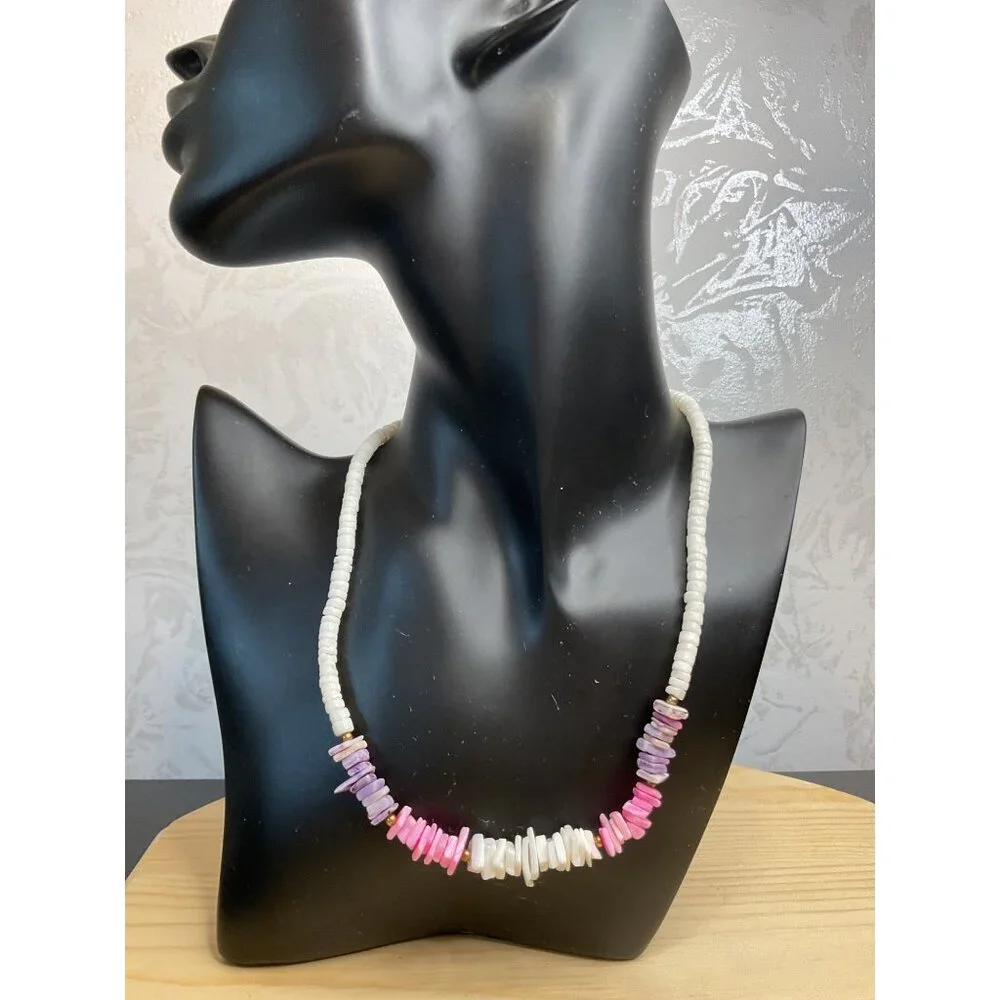 Pucca Puka Shell Necklace White Lavender Pink Retro Hawaii Surfer Beach 60s Vtg